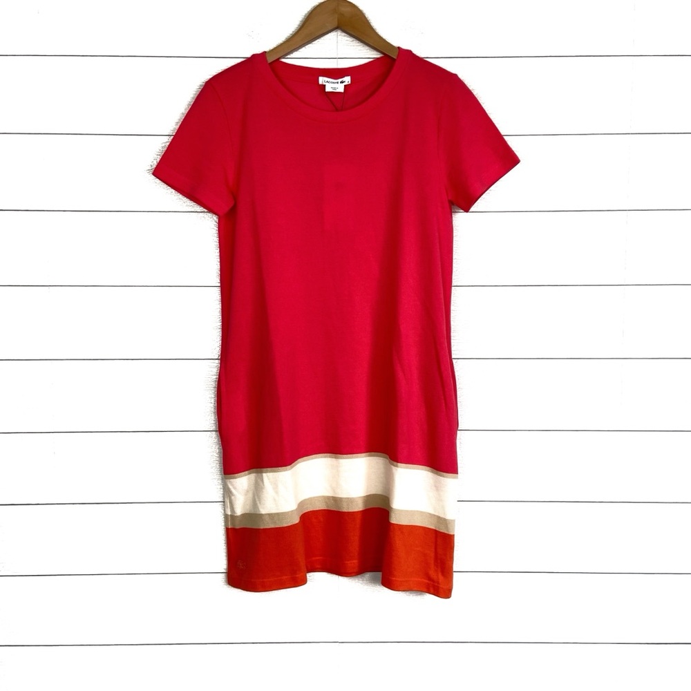 NWT LACOSTE Cotton Dress Coral Pink Colorblock Short Sleeve Preppy 6 New